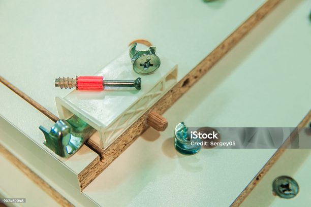 the process of furniture assembly screws closeup